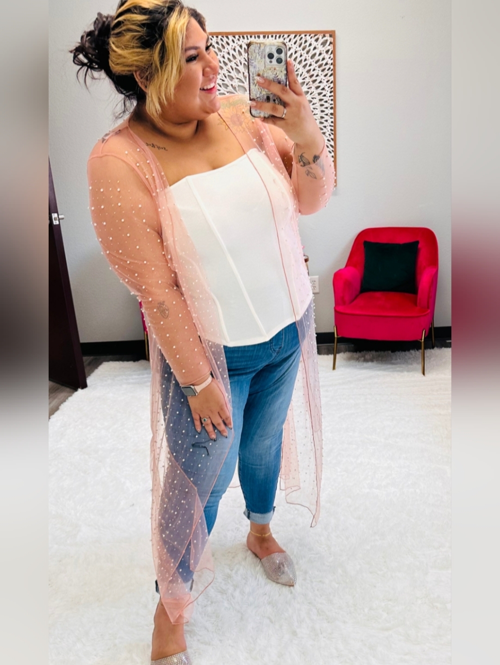 Pearl/Crystal Studded Pink Mesh Kimono